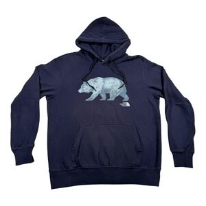 The North Face Hoodie Mens Medium Blue Bear Graphic Fleece Pullover Sweatshirt